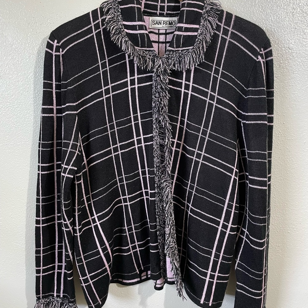 San Remo Laura Knits USA Tweed Knit Jacket XL Black Pink Plaid Fringe Office